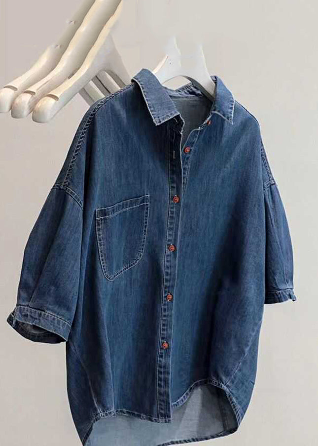 Loose Light Grey Peter Pan Collar Patchwork Low High Design Denim Shirt Summer VB1080 Ada Fashion