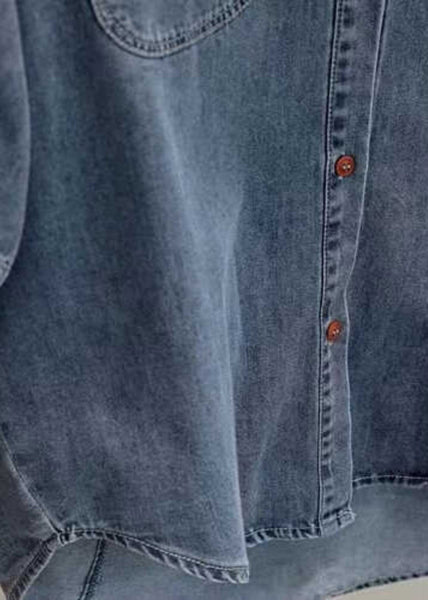 Loose Light Grey Peter Pan Collar Patchwork Low High Design Denim Shirt Summer VB1080 Ada Fashion