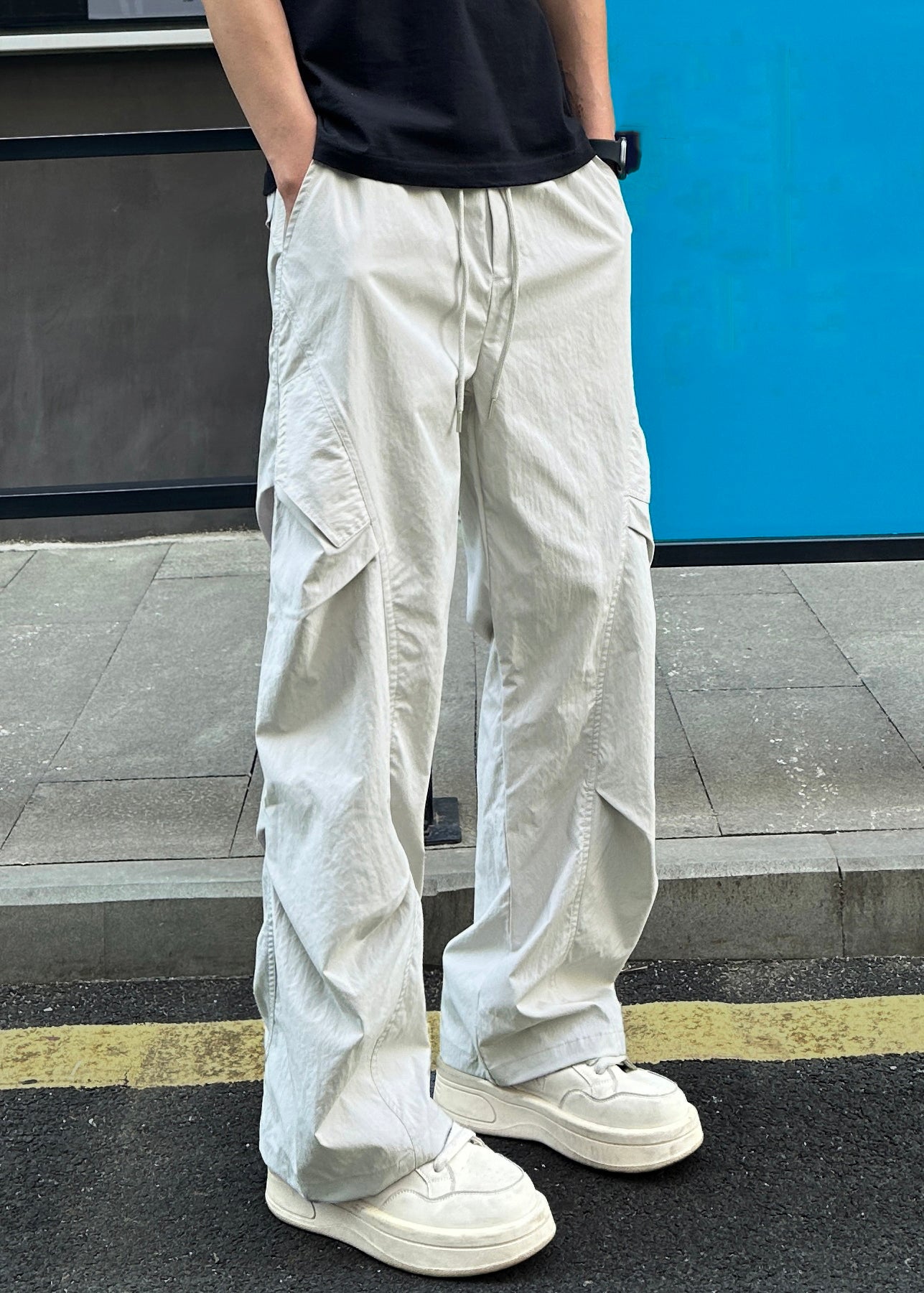 Elastic Men Cotton Light Grey Pockets Waist Loose Pants Summer FashionChic