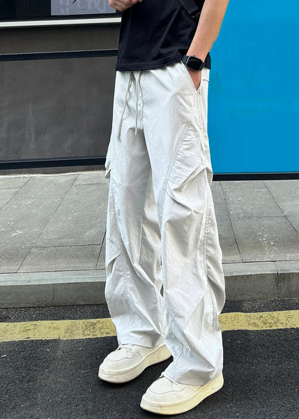 Elastic Men Cotton Light Grey Pockets Waist Loose Pants Summer FashionChic