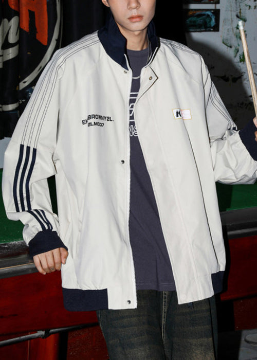 Letter Cotton Men Loose Coat Spring Striped Light Grey FashionChic