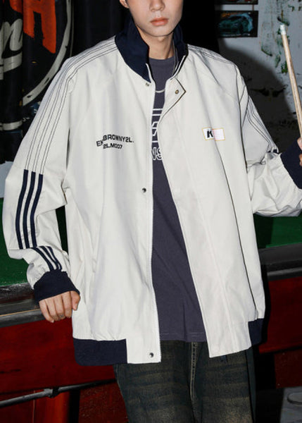 Letter Cotton Men Loose Coat Spring Striped Light Grey FashionChic