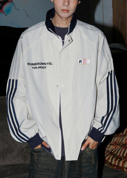 Letter Cotton Men Loose Coat Spring Striped Light Grey FashionChic