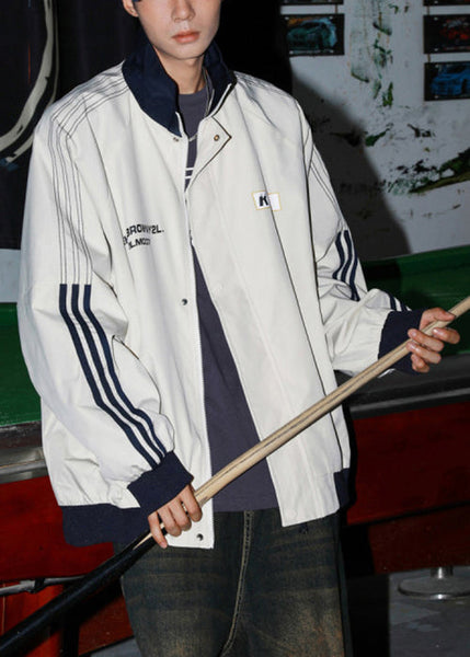 Letter Cotton Men Loose Coat Spring Striped Light Grey FashionChic