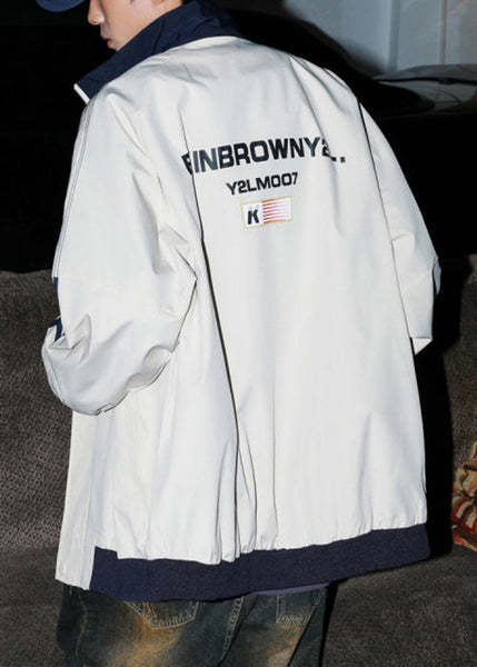 Letter Cotton Men Loose Coat Spring Striped Light Grey FashionChic