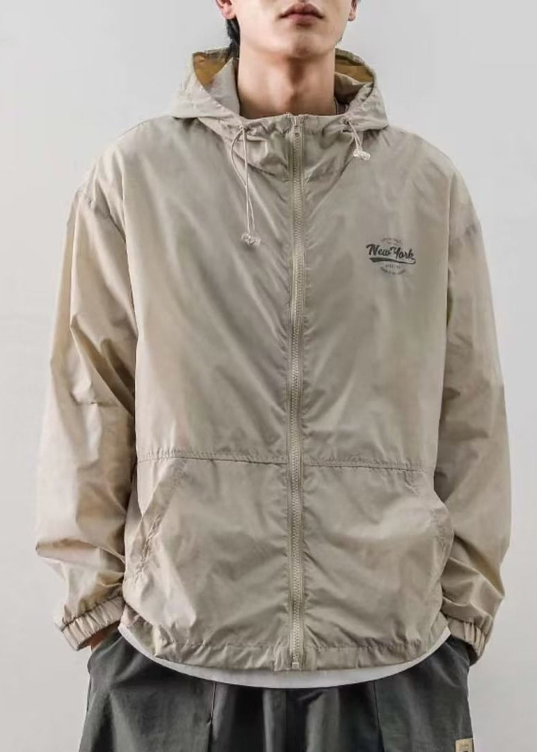 Light Drawstring Hooded Loose Ice Coats Silk Khaki Print Mens FashionChic