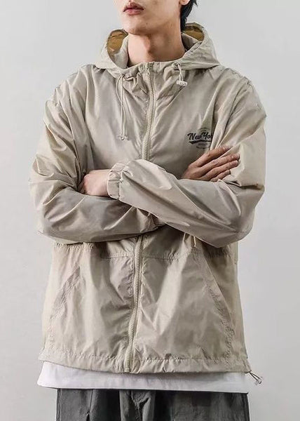 Light Drawstring Hooded Loose Ice Coats Silk Khaki Print Mens FashionChic