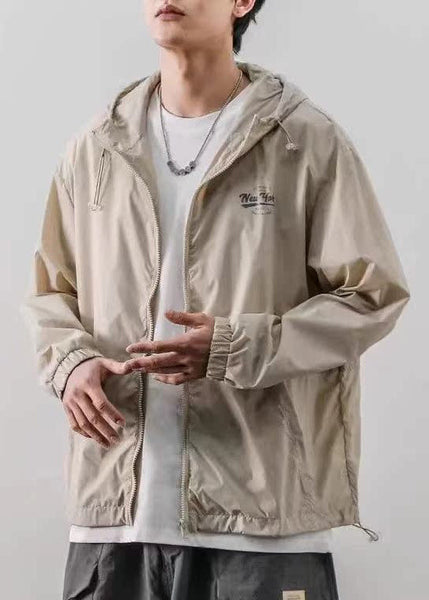 Light Drawstring Hooded Loose Ice Coats Silk Khaki Print Mens FashionChic
