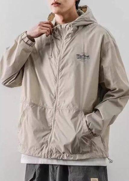 Light Drawstring Hooded Loose Ice Coats Silk Khaki Print Mens FashionChic