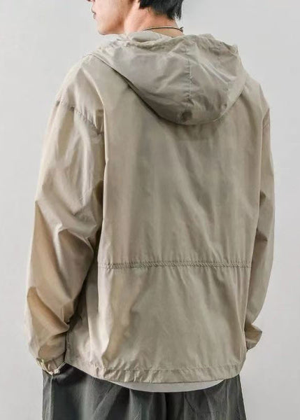 Light Drawstring Hooded Loose Ice Coats Silk Khaki Print Mens FashionChic