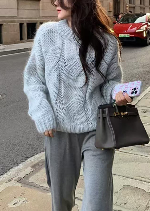 Loose Light Khaki O Neck Hollow Out Knit Sweater Winter WQ044 OL-NTP241031