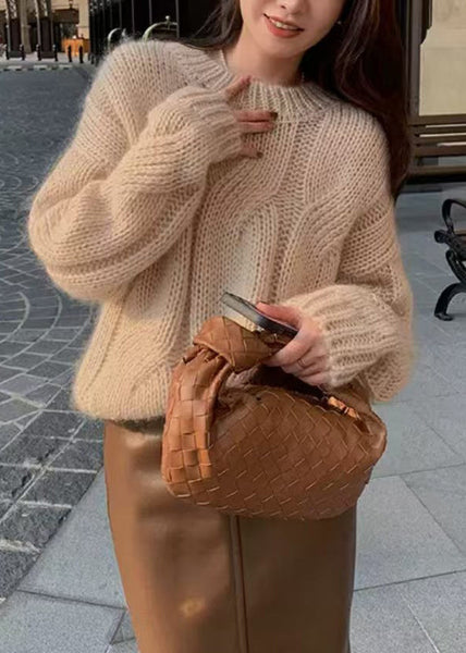 Loose Light Khaki O Neck Hollow Out Knit Sweater Winter WQ044 OL-NTP241031