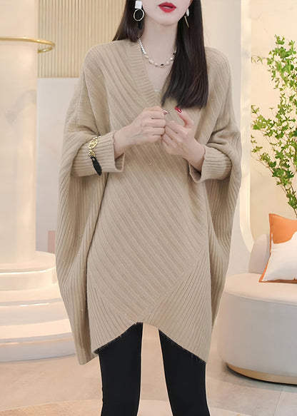 Loose Light Khaki V Neck Cozy Knit Sweater Batwing Sleeve WM016 ABC
