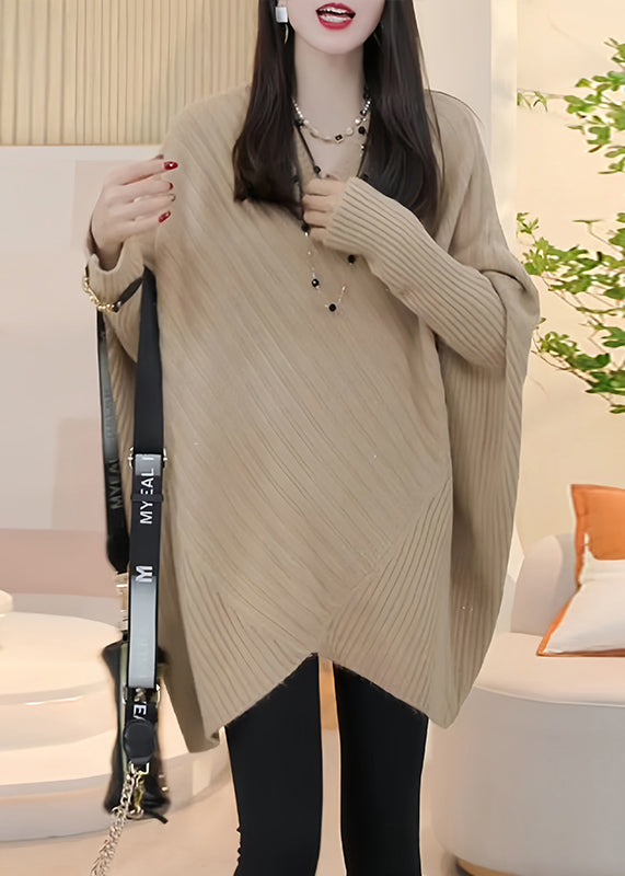 Loose Light Khaki V Neck Cozy Knit Sweater Batwing Sleeve WM016 ABC