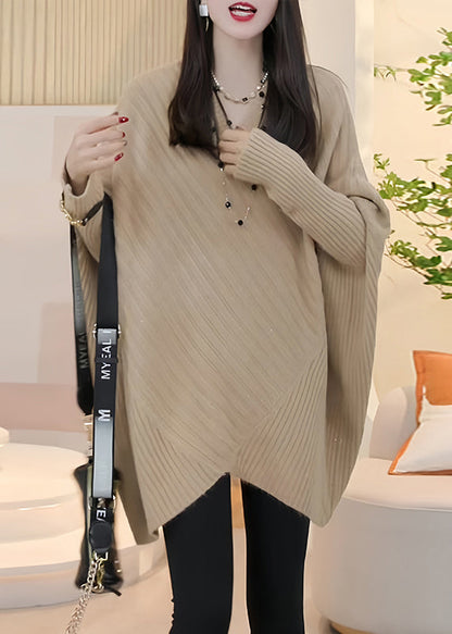 Loose Light Khaki V Neck Cozy Knit Sweater Batwing Sleeve WM016 ABC