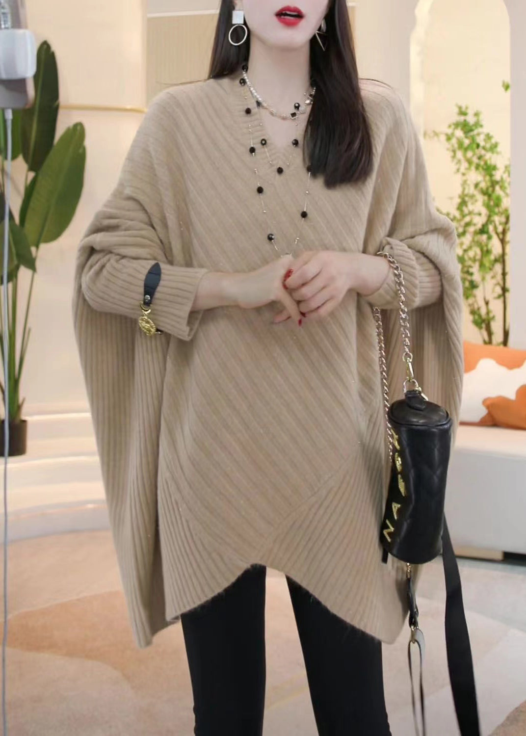 Loose Light Khaki V Neck Cozy Knit Sweater Batwing Sleeve WM016 ABC
