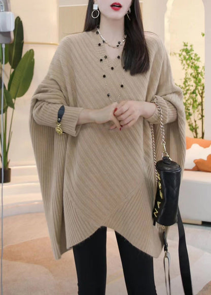 Loose Light Khaki V Neck Cozy Knit Sweater Batwing Sleeve WM016 ABC
