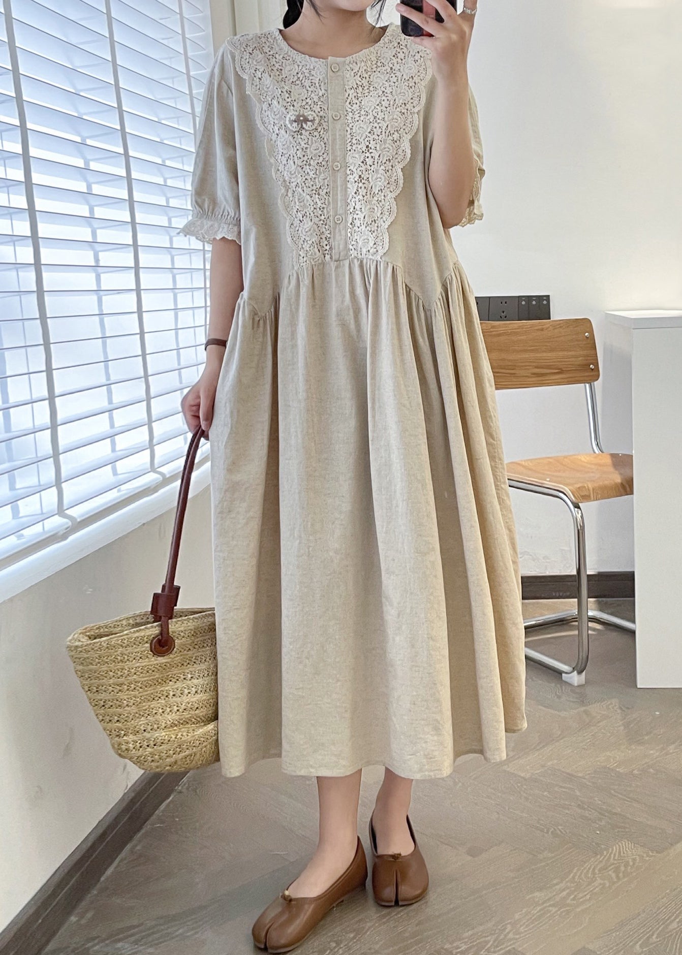 Loose Linen O Neck Lace Patchwork Linen Long Dresses Summer GG049 MZF-SDL240610
