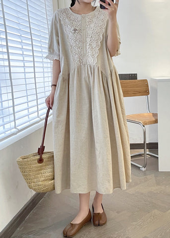 Loose Linen O Neck Lace Patchwork Linen Long Dresses Summer GG049 MZF-SDL240610