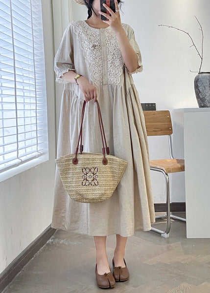 Loose Linen O Neck Lace Patchwork Linen Long Dresses Summer GG049 MZF-SDL240610