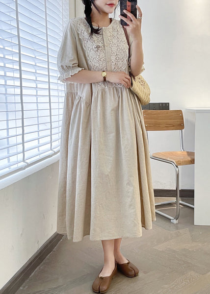 Loose Linen O Neck Lace Patchwork Linen Long Dresses Summer GG049 MZF-SDL240610