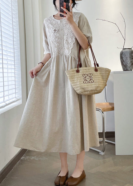 Loose Linen O Neck Lace Patchwork Linen Long Dresses Summer GG049 MZF-SDL240610