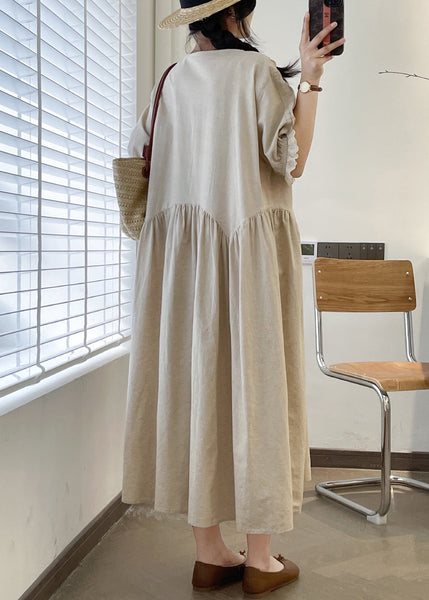 Loose Linen O Neck Lace Patchwork Linen Long Dresses Summer GG049 MZF-SDL240610