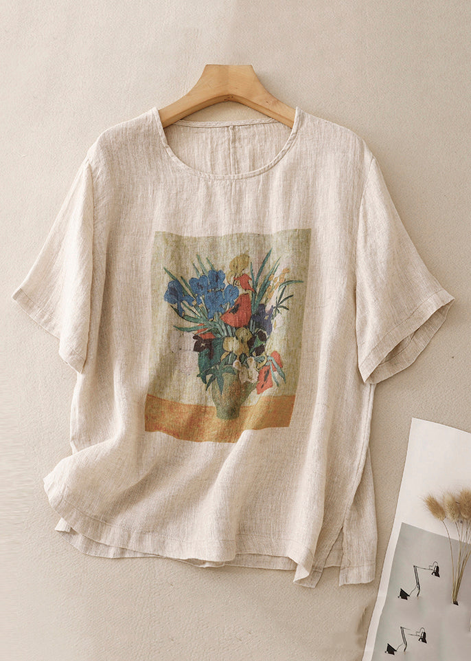 Loose Linen O Neck Print Side Open Linen T Shirts Summer GG024 MZF-STP240610