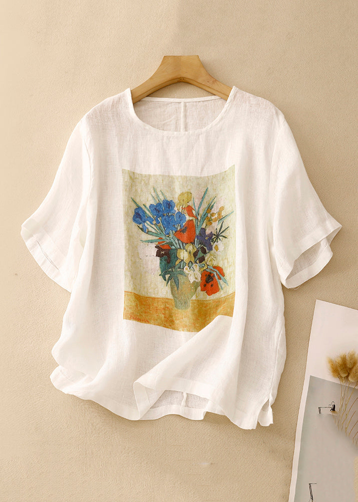 Loose Linen O Neck Print Side Open Linen T Shirts Summer GG024 MZF-STP240610