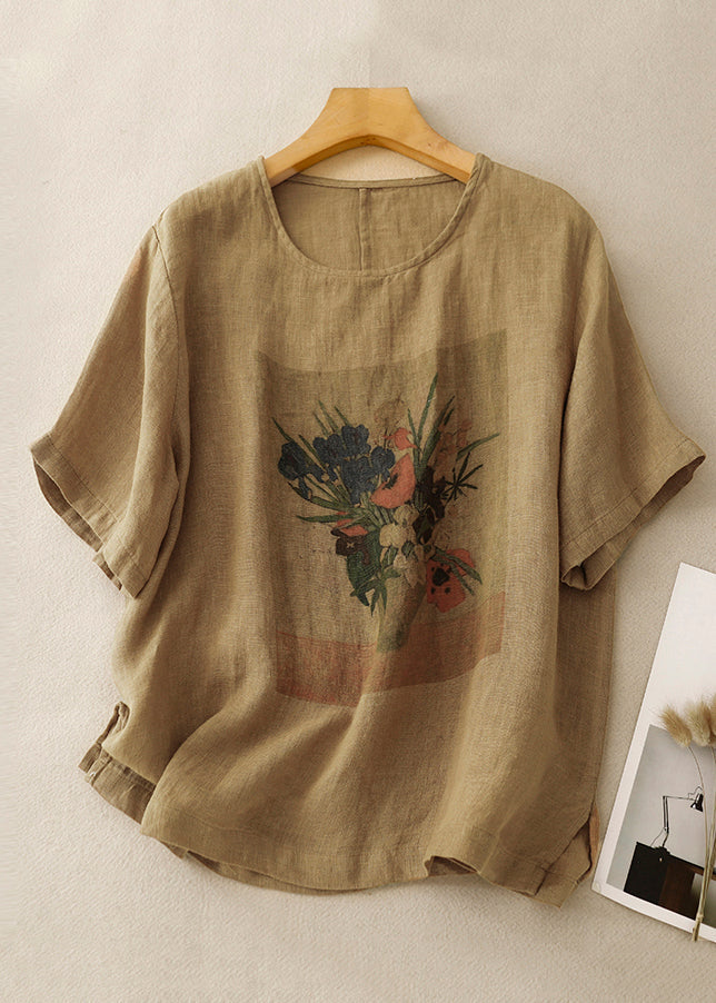 Loose Linen O Neck Print Side Open Linen T Shirts Summer GG024 MZF-STP240610