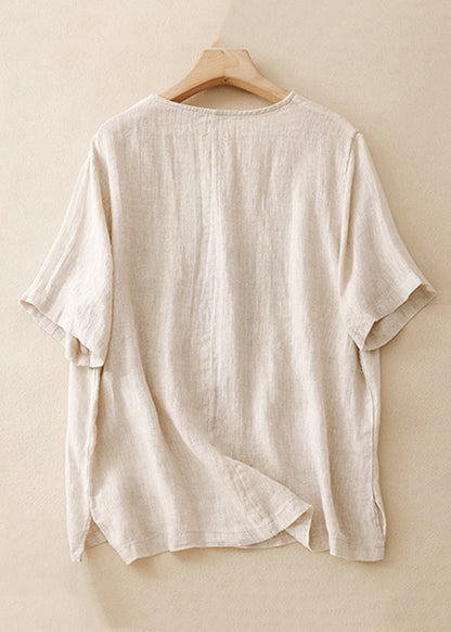 Loose Linen O Neck Print Side Open Linen T Shirts Summer GG024 MZF-STP240610