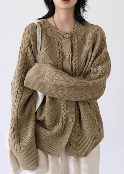 Loose Milk Tea Color Button Cozy Thick Cable Knit Sweater Spring YW025 ABC