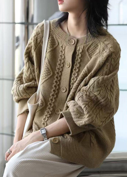 Loose Milk Tea Color Button Cozy Thick Cable Knit Sweater Spring YW025 ABC