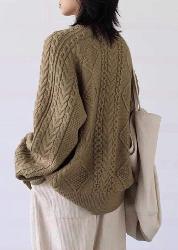 Loose Milk Tea Color Button Cozy Thick Cable Knit Sweater Spring YW025 ABC