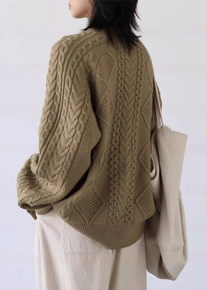 Loose Milk Tea Color Button Cozy Thick Cable Knit Sweater Spring YW025 ABC