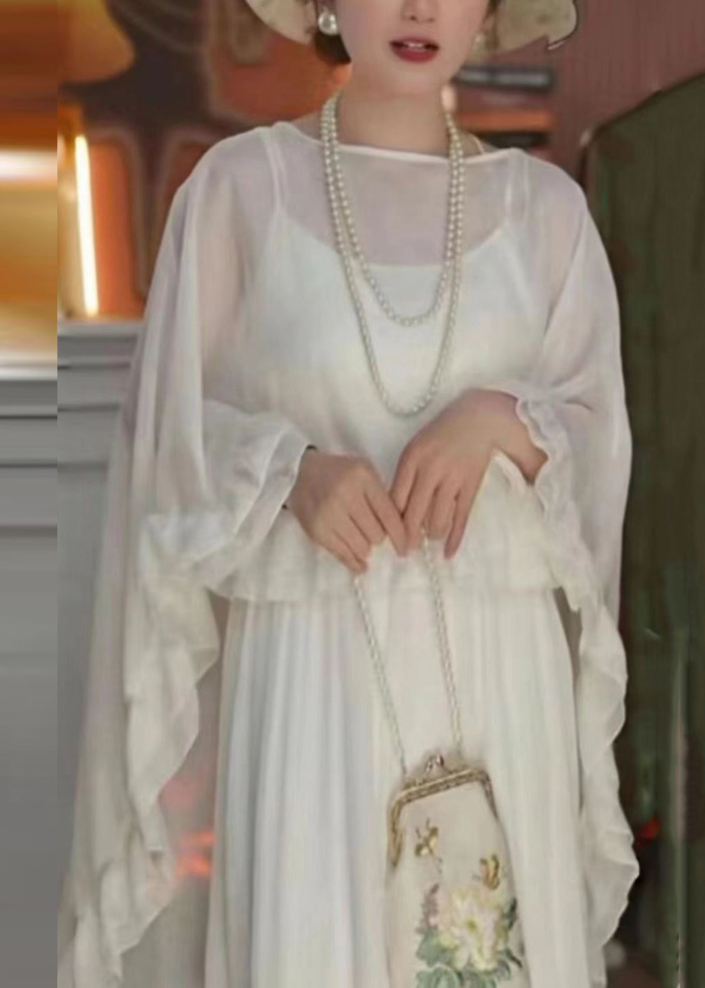 Loose Mulberry O-Neck Ruffled Patchwork Chiffon Cape Long Sleeve TR001 MZF-STP240727