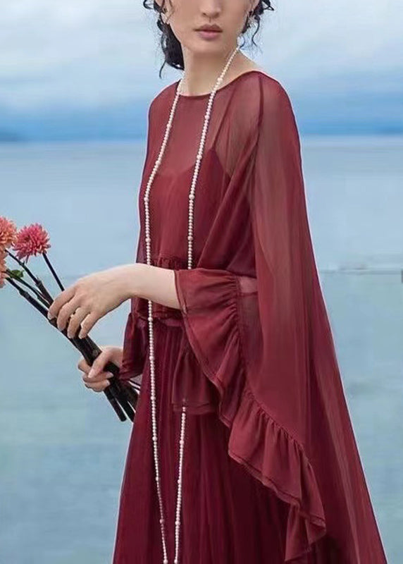 Loose Mulberry O-Neck Ruffled Patchwork Chiffon Cape Long Sleeve TR001 MZF-STP240727