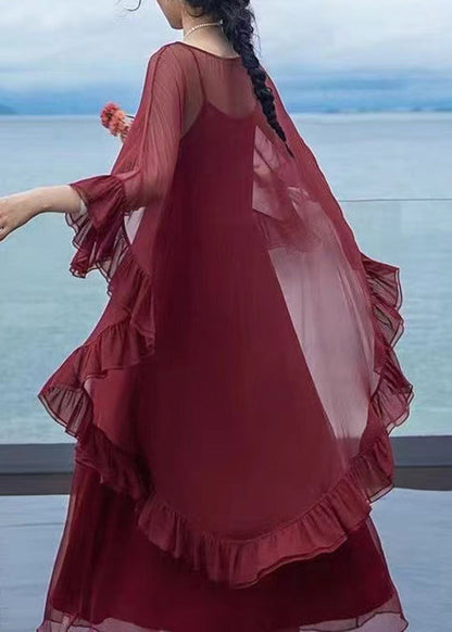 Loose Mulberry O-Neck Ruffled Patchwork Chiffon Cape Long Sleeve TR001 MZF-STP240727