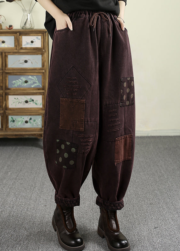 Loose Mulberry Pockets Patch Elastic Waist Warm Fleece Pants Spring TN007 ABC