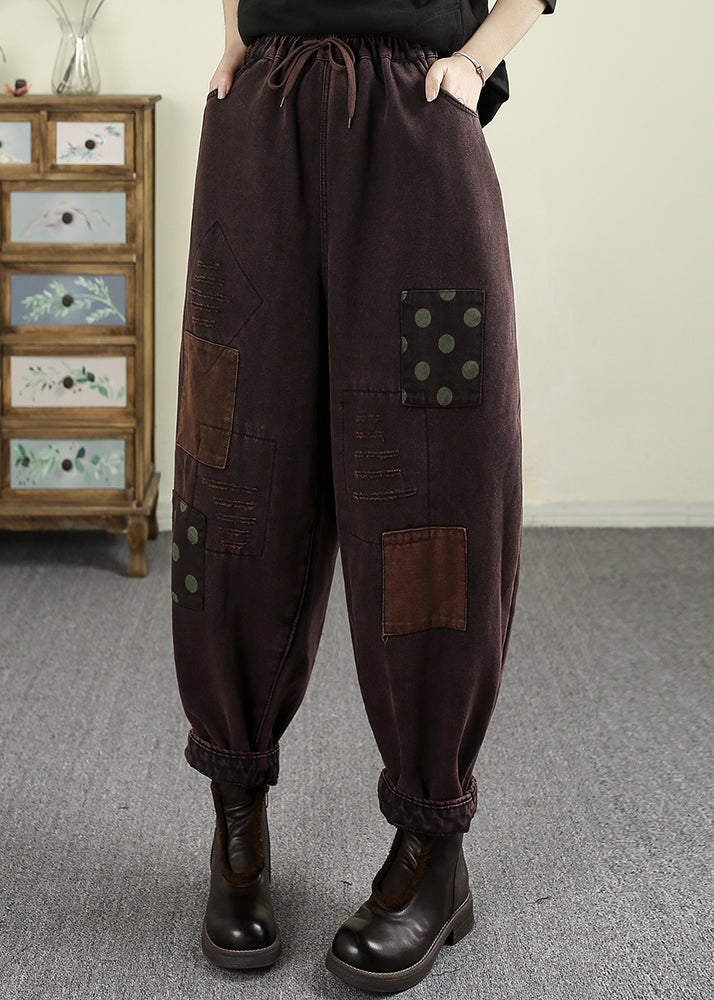 Loose Mulberry Pockets Patch Elastic Waist Warm Fleece Pants Spring TN007 ABC