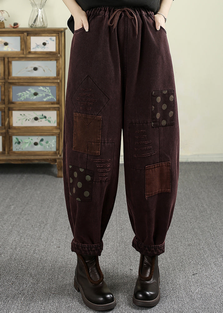 Loose Mulberry Pockets Patch Elastic Waist Warm Fleece Pants Spring TN007 ABC