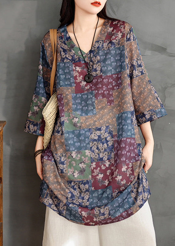 Loose Multi V Neck Print Long Shirts Long Sleeve UU026 OM-MM240820