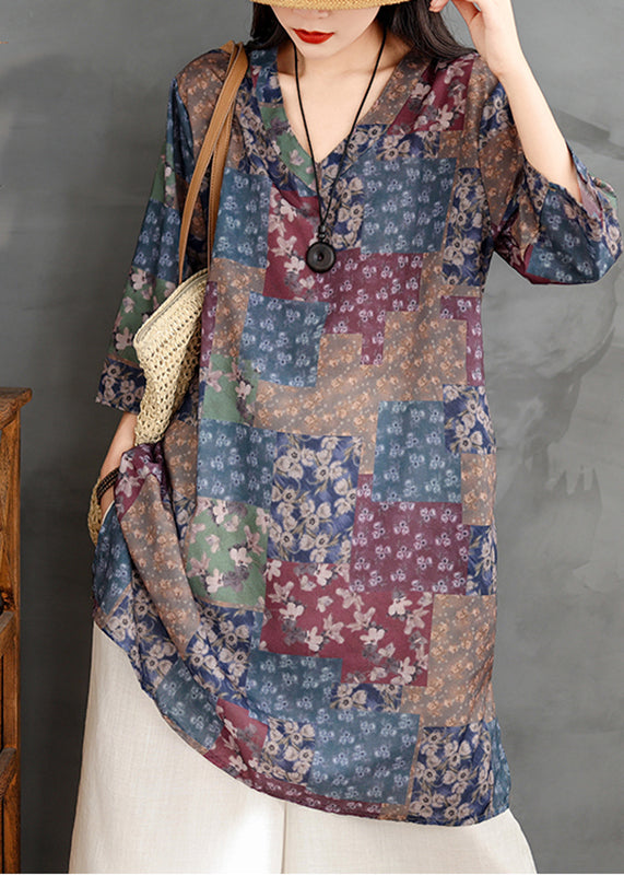 Loose Multi V Neck Print Long Shirts Long Sleeve UU026 OM-MM240820