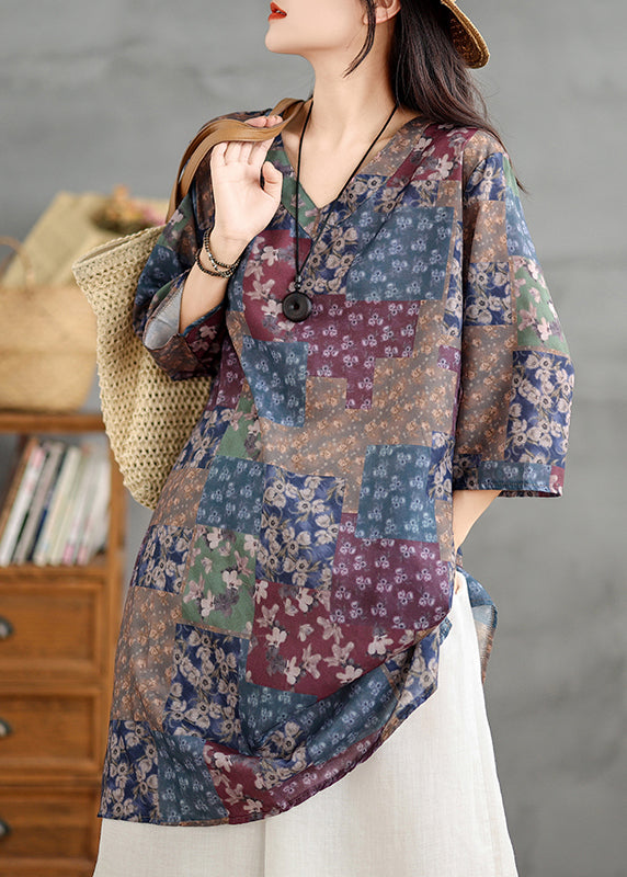 Loose Multi V Neck Print Long Shirts Long Sleeve UU026 OM-MM240820