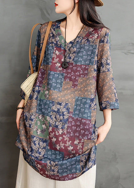 Loose Multi V Neck Print Long Shirts Long Sleeve UU026 OM-MM240820
