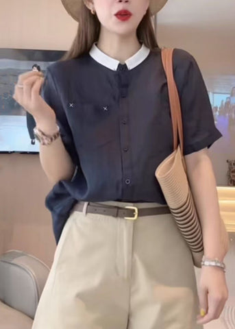 Summer Cotton Shirts Navy Pockets Loose Button FashionChic