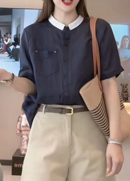 Summer Cotton Shirts Navy Pockets Loose Button FashionChic