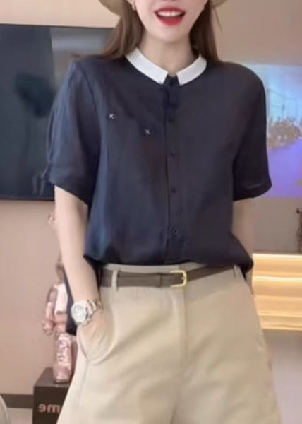 Summer Cotton Shirts Navy Pockets Loose Button FashionChic