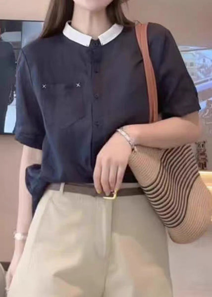 Summer Cotton Shirts Navy Pockets Loose Button FashionChic