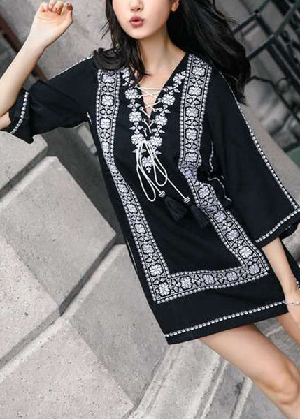 Dress Mid Cotton Sleeve Lace Embroidered Navy Loose Bracelet Up FashionChic